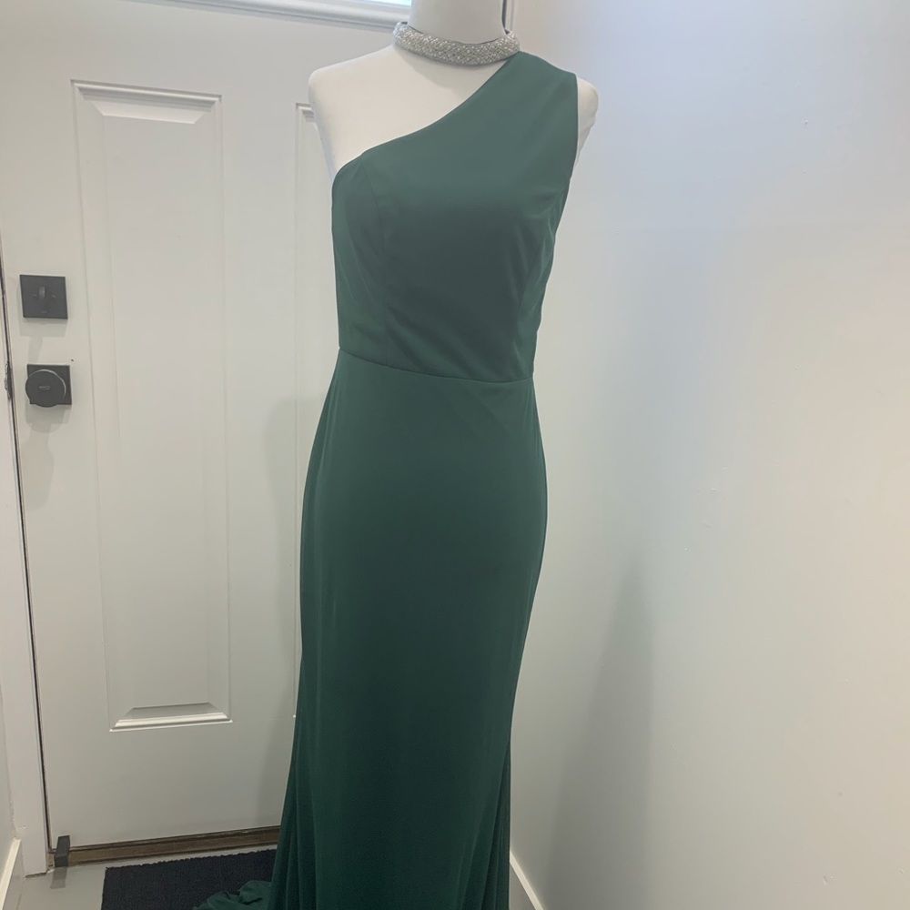 Dark green one-shoulder with choker detail dress